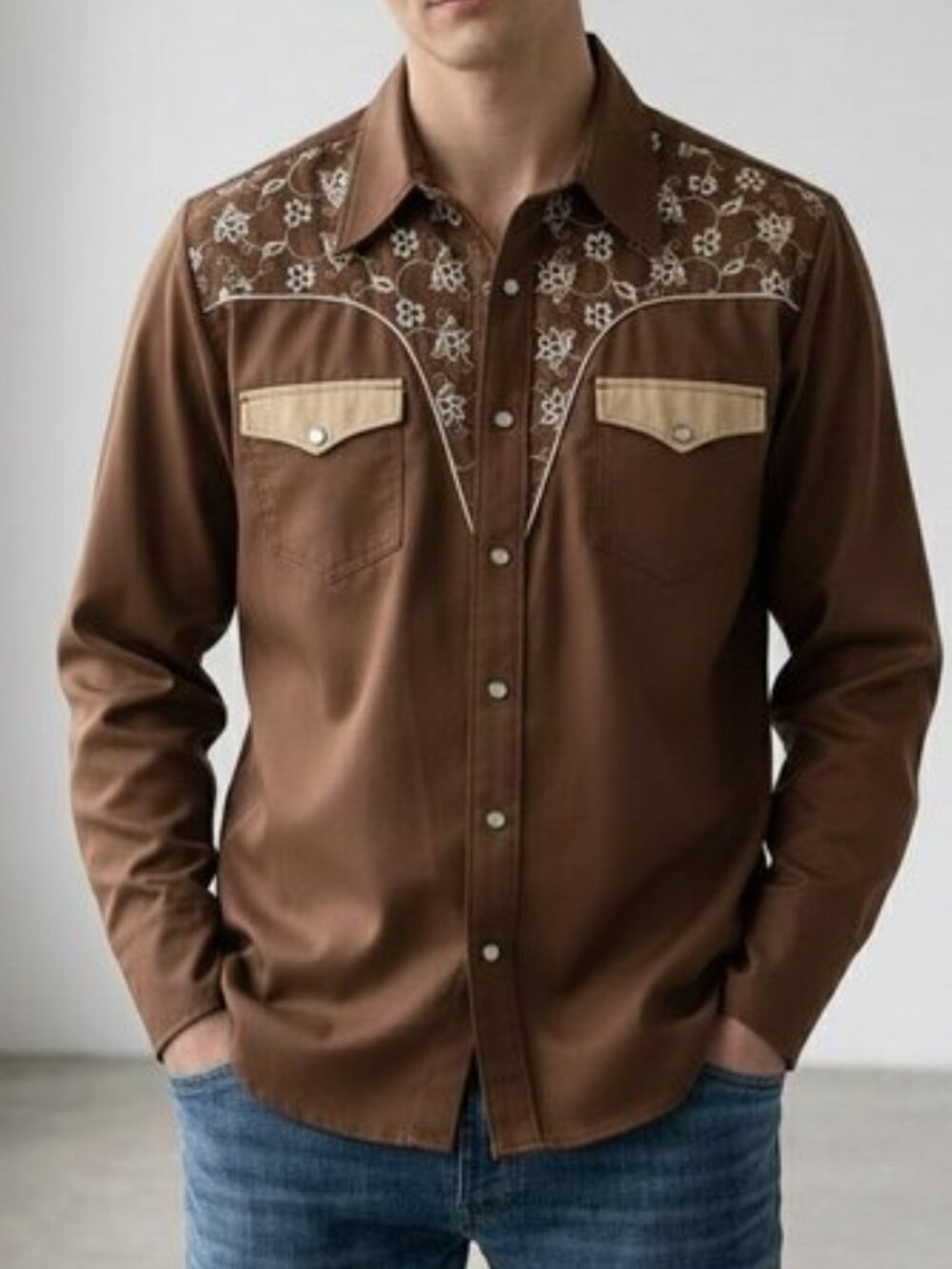 Vintage Sears Western Snap Button Brown Embroidered Cowboy Shirt Men's L